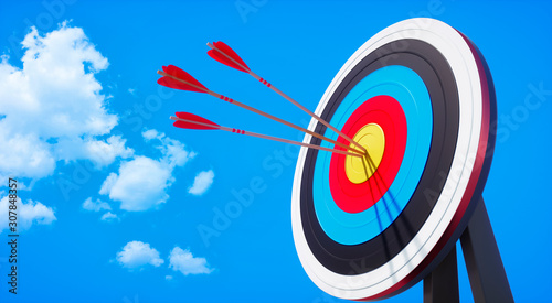 Colored target board with arrows in the sun against blue sky with small clouds - 3D illustration