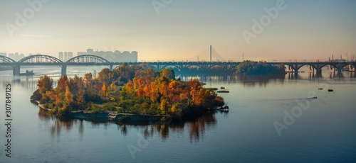 Morning Dnipro river panorama sunset Kiev Ukraine city landscape