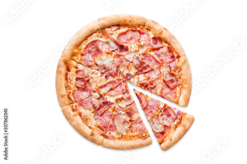 Delicious pizza with ham, bacon, mozzarella and tomato sauce, isolated on white background