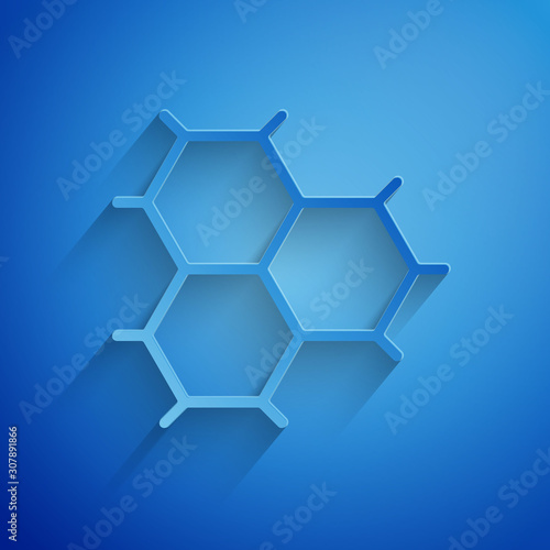 Paper cut Chemical formula consisting of benzene rings icon isolated on blue background. Paper art style. Vector Illustration