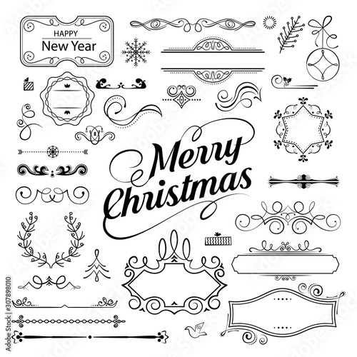 Set of Christmas ornamental filigree flourishes and thin dividers on white background
