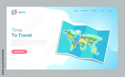Time to travel vector, map with countries and continents to explore. Touristic atlas information about world destination, detailed image of planet. Website or webpage template, landing page flat style