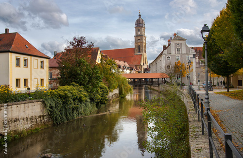 Vils River view with Basilika St. Martin and cover bridge, Amberg, Germany.