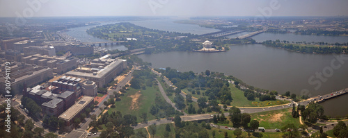 Washington DC city, Jefferson Memorial, Tidal Basin and Potomac River south panorama aerial view from the top of Washington Monument, Washington, District of Columbia DC, USA.