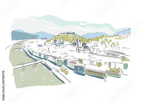 Salzburg Austria Europe vector sketch city illustration line art