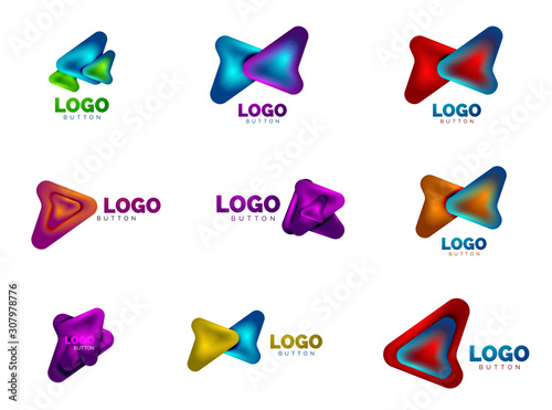 Set of Arrow logo templates. Or play or download button logotypes. Minimal geometrical designs, 3d geometric bold symbols in relief style with color blend steps effect. Vector Illustrations