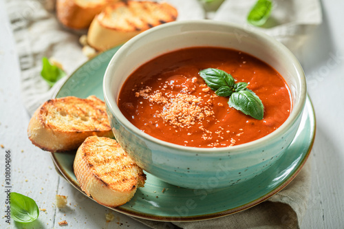 Tasty and creamy tomato soup made of fresh tomatoes