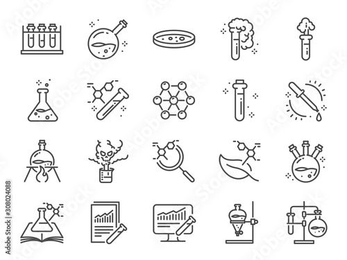 Chemistry lab icon set. Included icons as Chemical, formula, Medical analysis, Laboratory test flask, experiment and more.