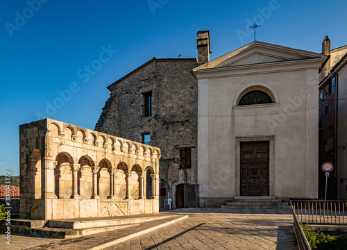 The "Fontana Fraterna" is the monumental fountain symbol of the city of Isernia. 6 water jets, 7 columns and round arches. Built with blocks of stone of Roman origin. The Chiesa Della Concezione.