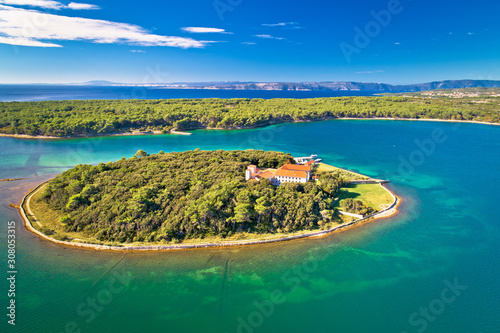 Kosljun. Adriatic monastery island of Kosljun in Punat bay aerial view