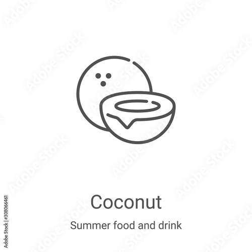 coconut icon vector from summer food and drink collection. Thin line coconut outline icon vector illustration. Linear symbol for use on web and mobile apps, logo, print media