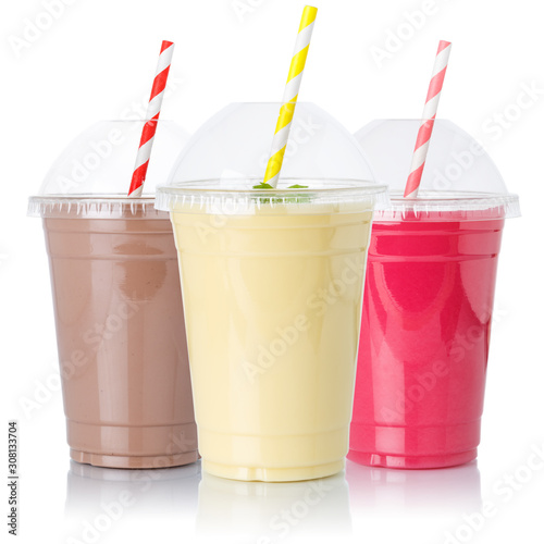 Chocolate vanilla strawberry milk shake milkshake collection straw in a cup isolated on white