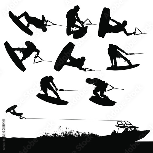Vector wakeboarding silhouettes of in-air action and a boat pulling a wakeboarder.