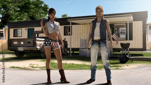 Funny American Trailer Trash Couple with Mobile Home
