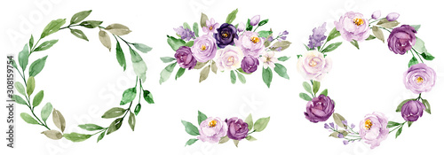 Set with wreaths, hand painting floral frames. Watercolor flowers violet roses. Perfectly for greeting card, wedding invitation, poster, stickers and other printing. Isolation on white. 