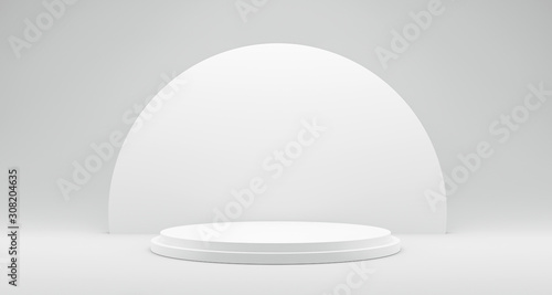 Pedestal of Platform display with modern stand podium on white room background. Blank Exhibition stage backdrop or empty product shelf. 3D rendering.