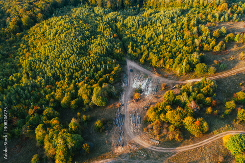 Drone images of illegal logging in the woods. 