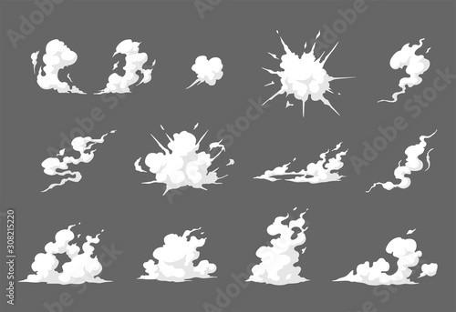 Smoke illustration set for special effects template. Steam clouds, mist, fume, fog, dust, explosion, or vapor 2D VFX Clipart element for animation