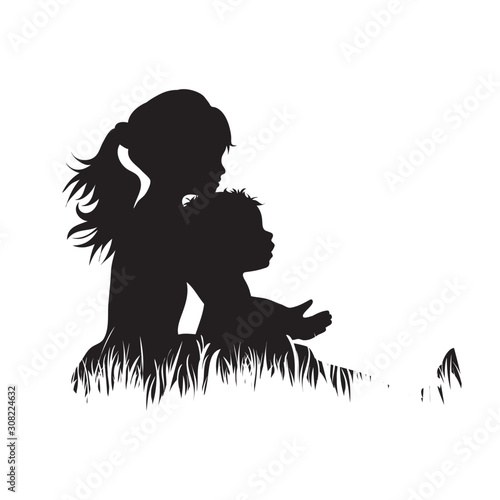 Vector silhouette of siblings in the grass on white background. Symbol of girl, boy, sister, brother, baby,family, infant, childhood, nature, park, garden.