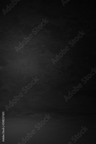 Dark black vintage texture wall scratch blurred stain background. Marble design photo studio portrait backdrop, banner website soft light. 3D rendering