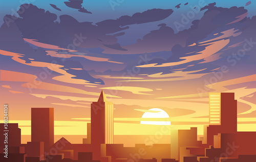Evening city panorama, vector, sunset. Flat anime style