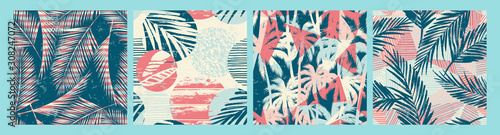 Seamless exotic pattern with tropical plants and textured background.