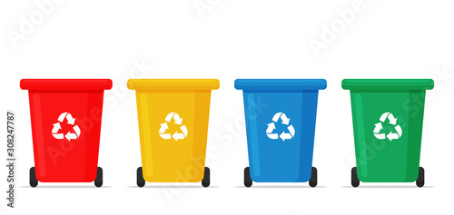 Recycle bin vector. Red, yellow, blue and green recycle bins for sorting waste.