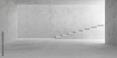Abstract empty, modern concrete room with stairs and lighting from side wall - industrial interior background template, 3D illustration