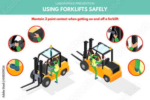 Recomendations about using forklifts safely. Mantain three points of contact when getting on and off a forklift. Labor risks prevention concept. Isometric design isolated on white background. 