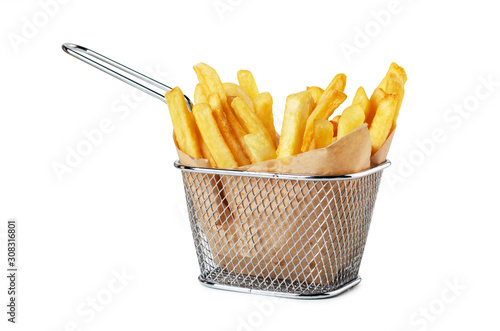 French fries in paper in metal wire basket isolated