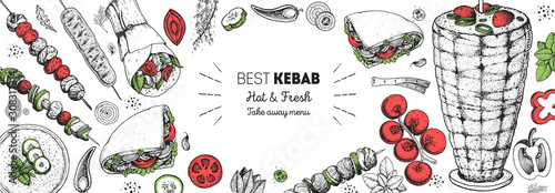 Doner kebab cooking and ingredients for kebab, sketch illustration. Arabic cuisine frame. Fast food menu design elements. Shawarma hand drawn frame. Middle eastern food.
