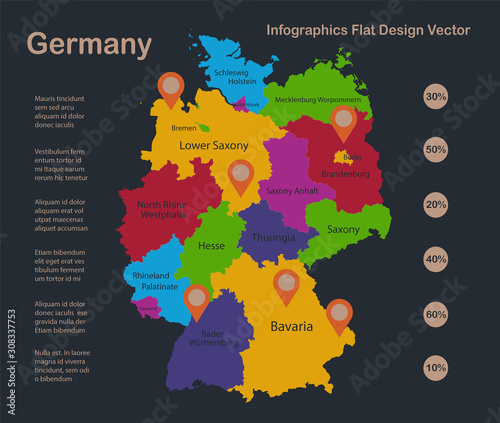 Infographics Germany map, flat design colors, with names of individual states and islands, blue background with orange points vector