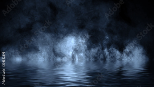 Amazing dry ice blue smoke with reflection in water. Texture overlays. Design element.
