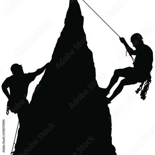 Vector silhouettes of men rock climbing.