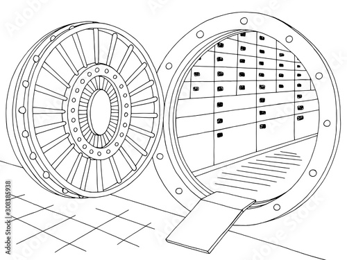 Bank vault safe interior graphic black white sketch illustration vector