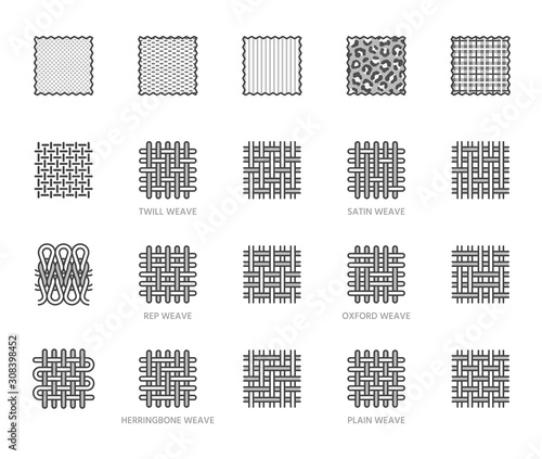 Fabric sample flat line icons set. Weave types, different clothing materials, textile swatch, animal print, cotton, velvet vector illustrations. Outline pictogram for tailor store. Editable Strokes