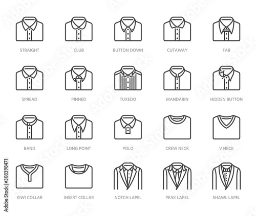 Shirt collars, jacket types flat line icons set. Formal clothing vector illustrations, classic white collar, tuxedo, polo. Outline pictogram for menswear store. Pixel perfect 64x64. Editable Strokes