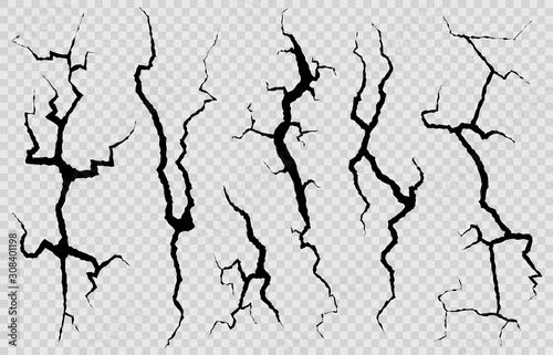 Wall cracks. Surface fracture structure, cleft broken dry lining wall or destroyed cracked glass, earthquake destruction vector set