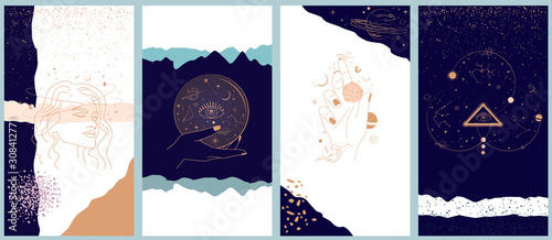 Collection of space and mysterious illustrations for Mobile App, Landing page, Web design in hand drawn style. Magic, occultism and astrology concept. Objects in the style of one line style.