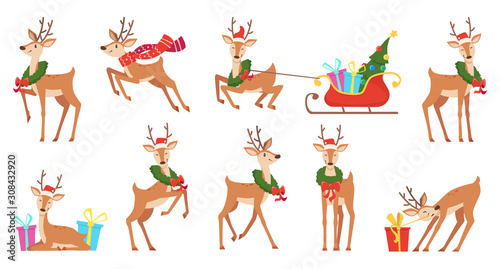 Cartoon deer. Winter celebration fairytale animals reindeer running vector christmas character. Reindeer happy run, character antler with sleigh and wreath illustration