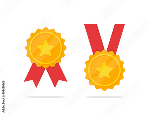 Set of golden medal with star icon in a flat design