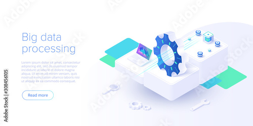 Big data technology in isometric vector illustration. Information storage and analysis system. Digital technology web banner layout template for website landing page.