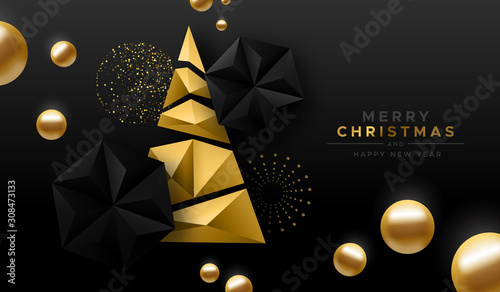 Merry Christmas gold low poly abstract pine tree