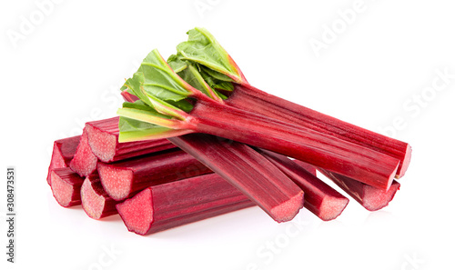 Rhubarb stalks on a white background