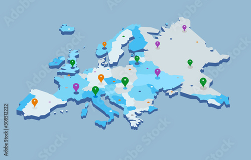 3d europe map with colorful gps icons - vector