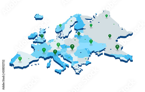 Europe 3d map with gps pins isolated on white background - Vector 