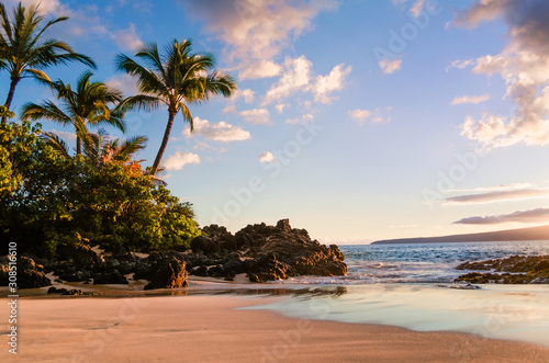 Sunset view of beautiful tropical beach, Secret Wedding Beach, Makena Cove, Maui, Hawai