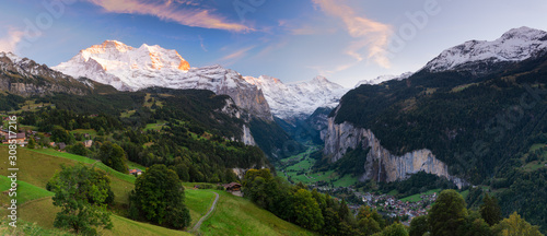 Panorama of Lauterbrunnen Valley and Staubbach Fall, Switzerland