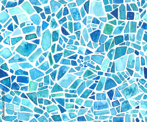 Seamless mosaic texture. Vector blue kaleidoscope background. Watercolor geometric pattern. Stained glass effect.
