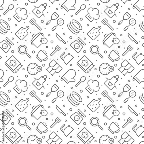 Cooking and kitchen related seamless pattern with outline icons